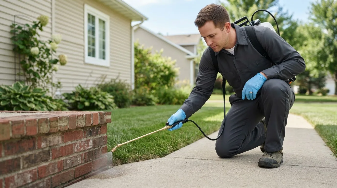 Pest control technician treating a home near West Columbia, TX